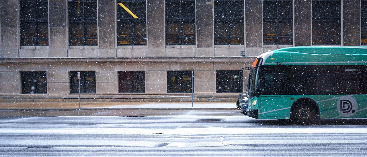 detroit bus in the snow driving