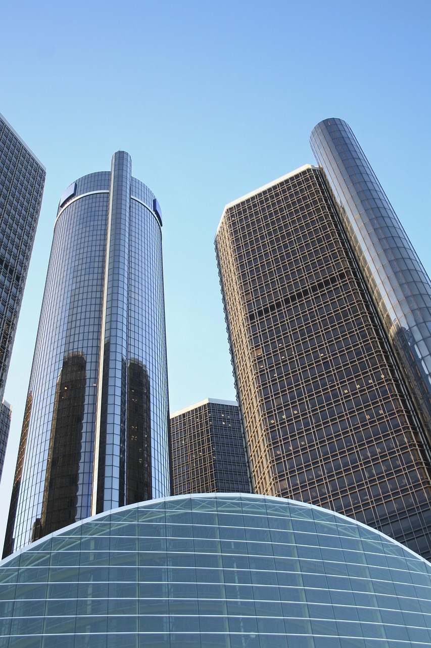 gm renaissance center looking up at it from an angle